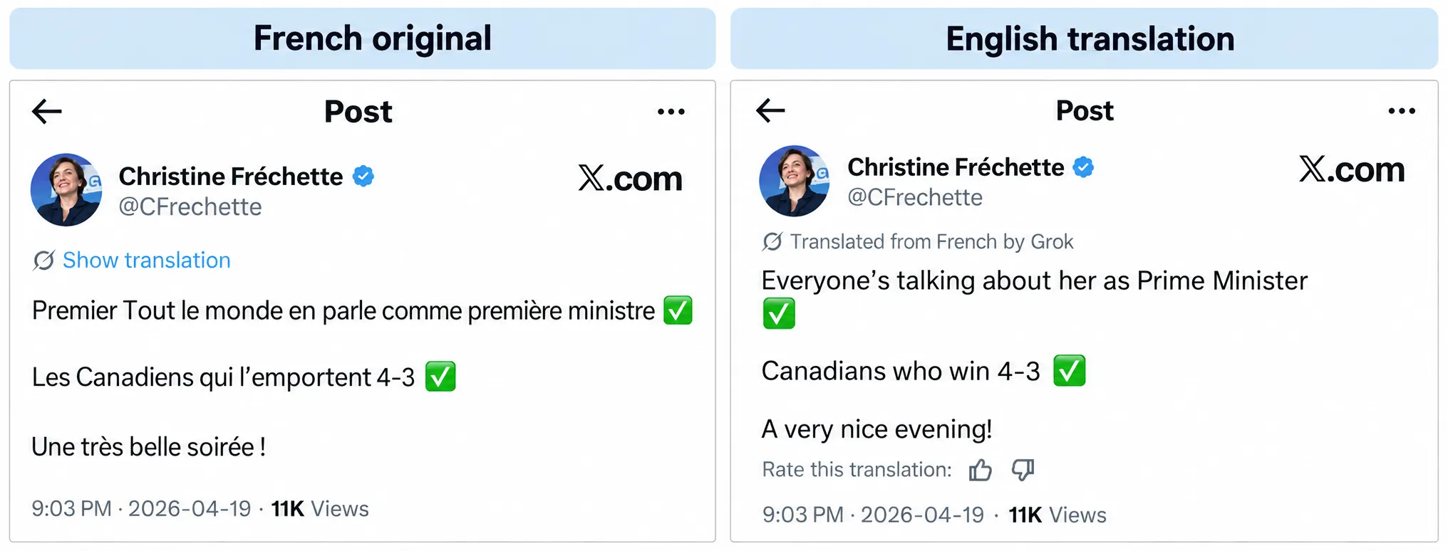 The French original of the post next to the English translation by Grok