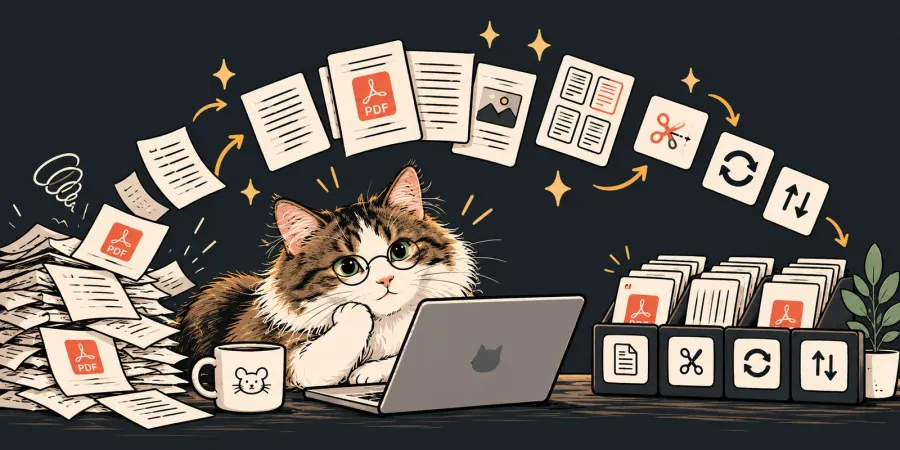 Lou the cat watches from her laptop as a messy pile of PDFs gets merged, split, rotated and neatly sorted.