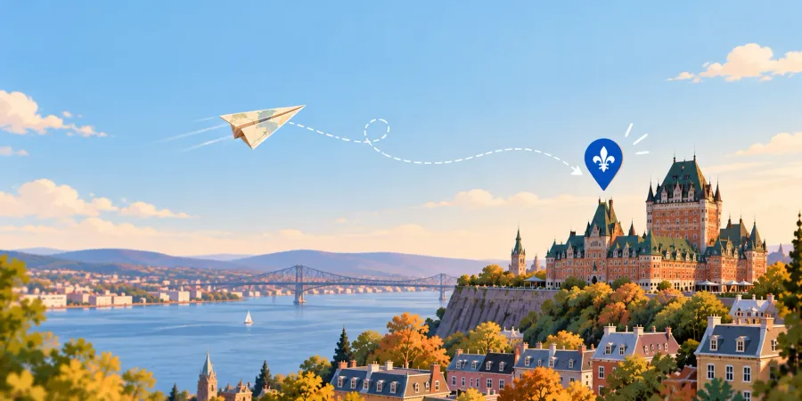 Illustration of a paper airplane made from a world map, flying toward a map pin with a fleur-de-lis above Quebec City and the Château Frontenac in autumn.