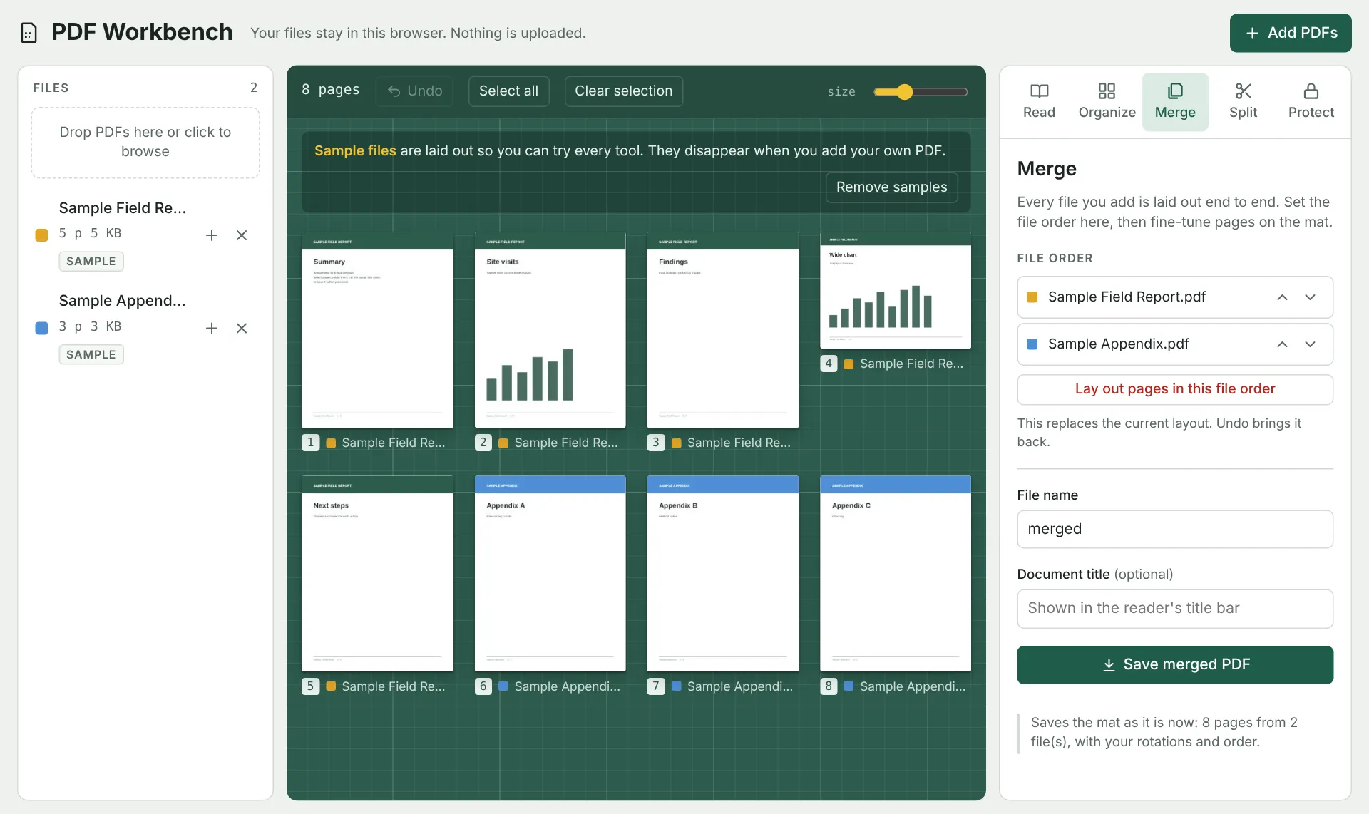 The Merge tab, with the file order list and the Save merged PDF button