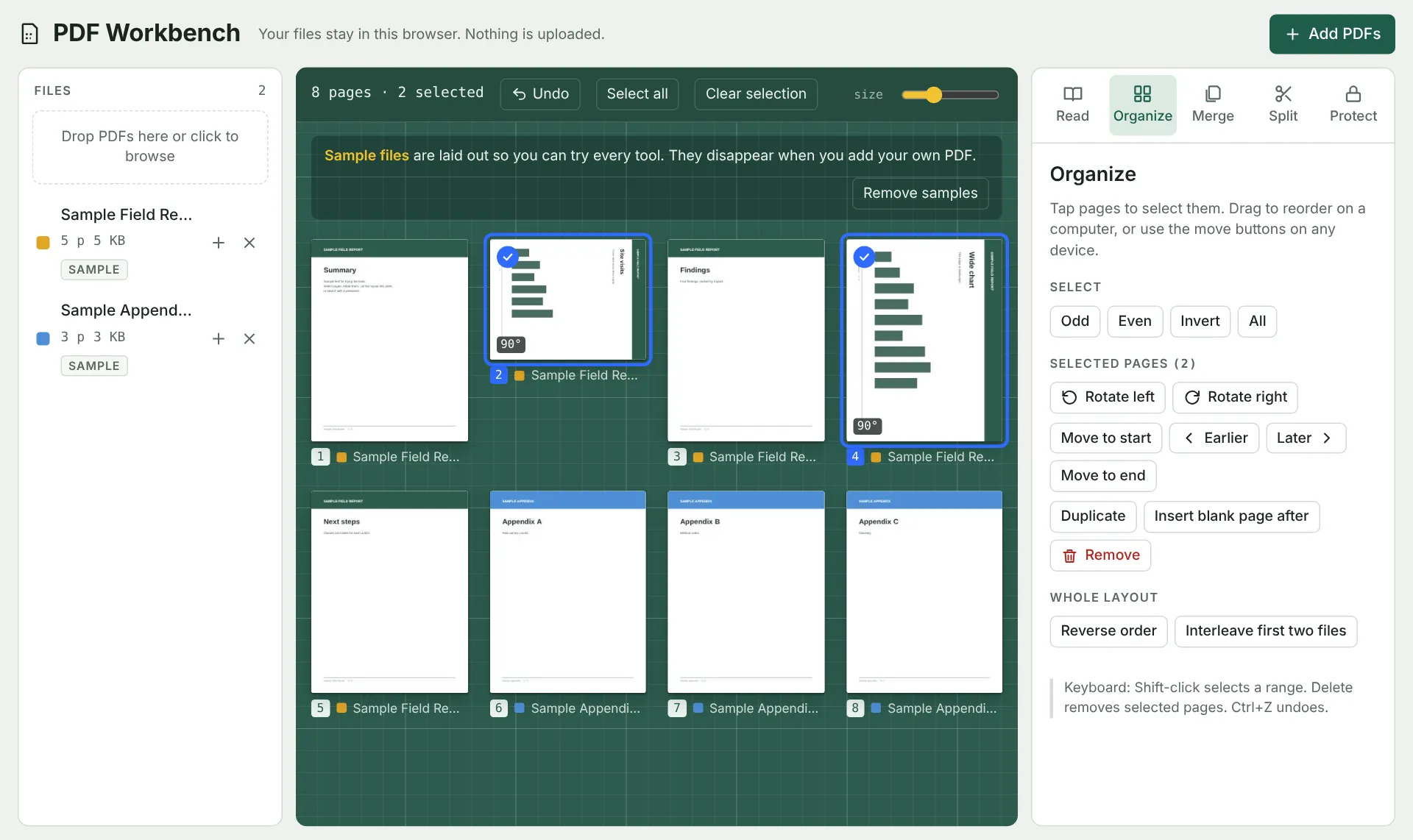 The Organize tab, with two pages selected and rotated on the green cutting mat